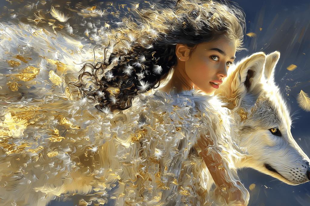 A girl with long, curly hair wearing a white, feathered garment stands beside a large, white wolf, with a golden, ethereal background.