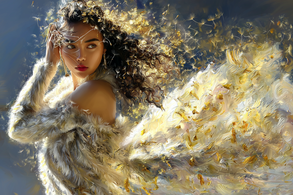 A portrait of a woman with curly hair, wearing a fluffy white garment, surrounded by swirling golden leaves and soft, ethereal light.