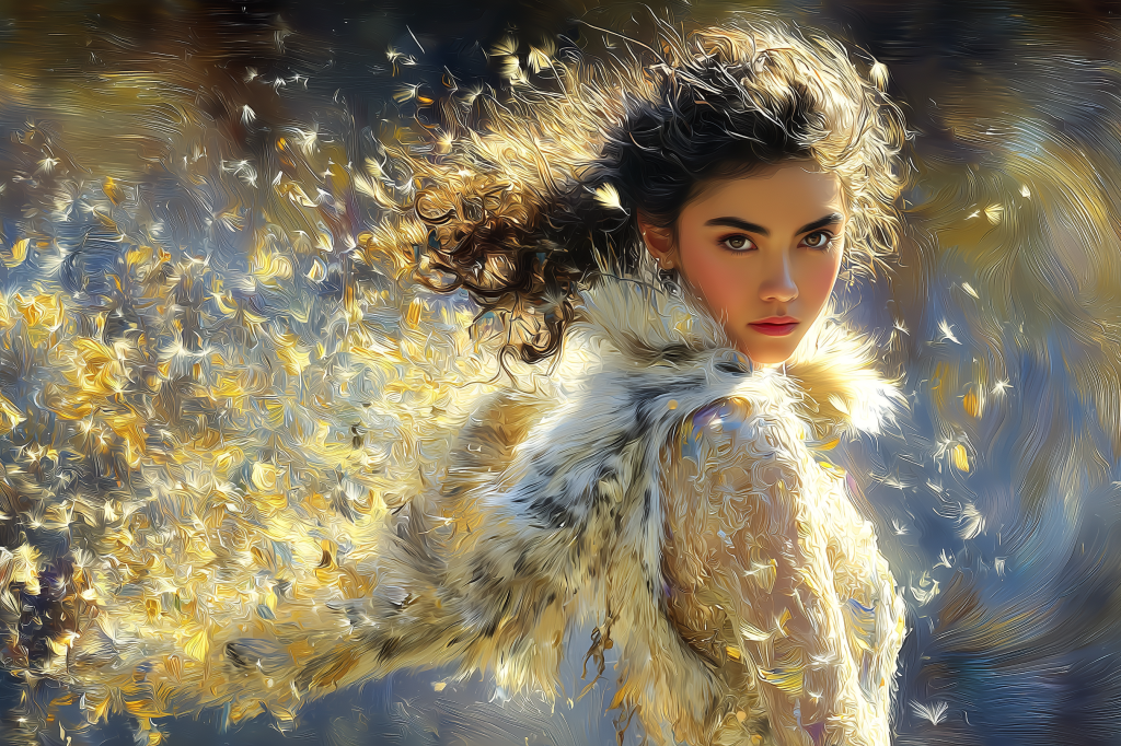A young woman with long, curly hair wearing a fur shawl, surrounded by swirling golden leaves, exuding a sense of elegance and movement.