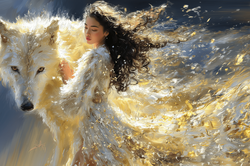 A woman in a flowing golden dress embraces a large white wolf, with her long dark hair cascading around her in a mystical setting.