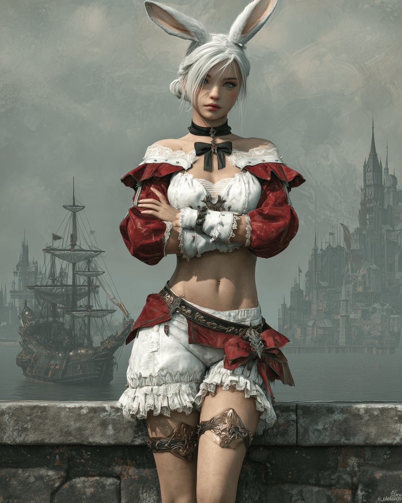 A woman with long white hair and rabbit ears stands confidently in a scenic harbor. She wears a red and white outfit, revealing her midriff, with decorative elements like bows and garters. In the background, a ship is anchored near a fantasy cityscape.