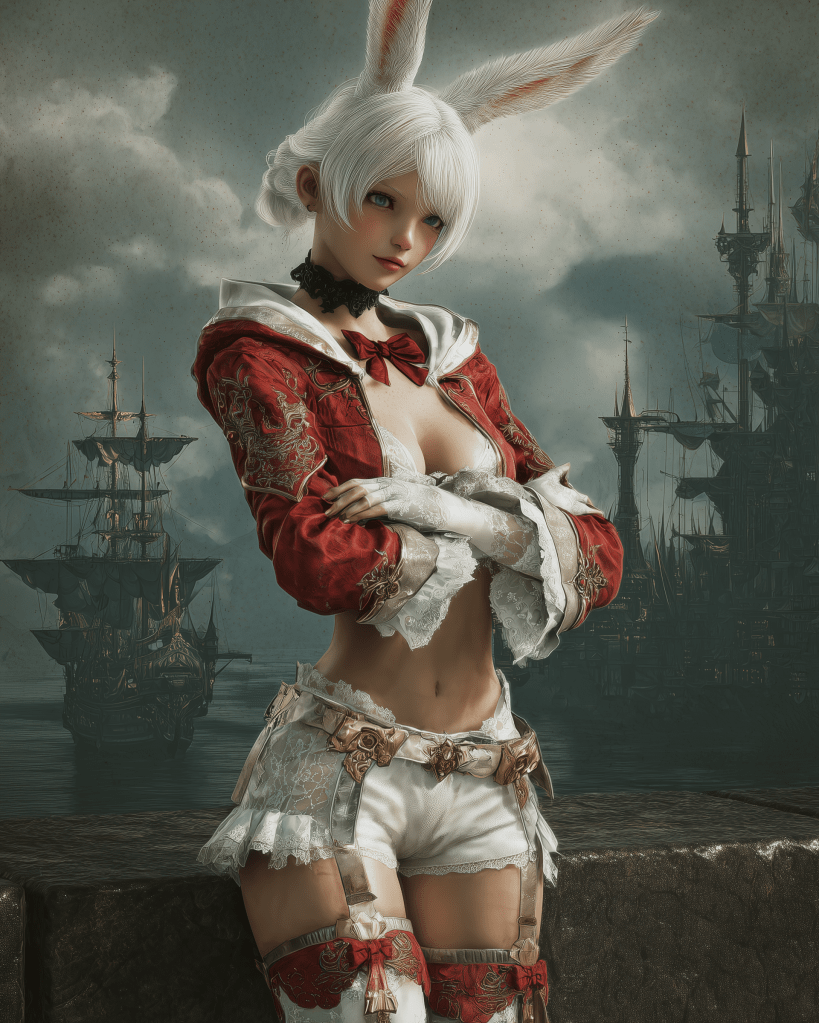 A character with rabbit ears wearing a red and white outfit, standing confidently with a scenic background of ships and a cloudy sky.