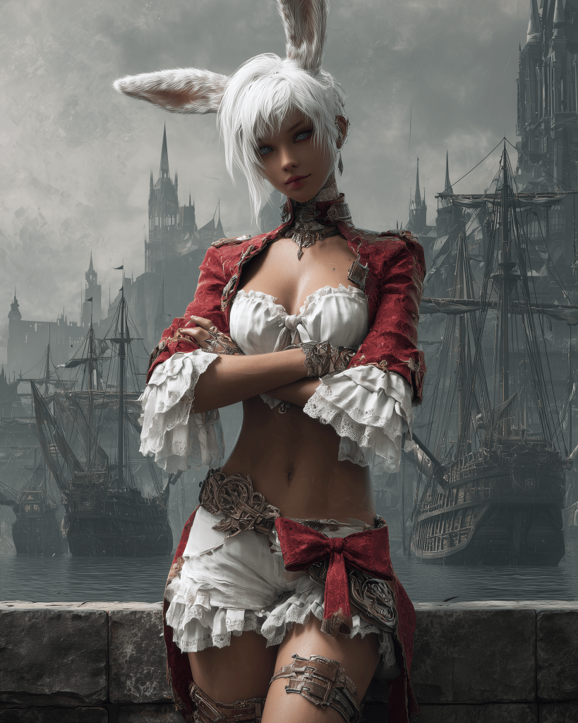 A character with rabbit ears and white hair, wearing a red and white outfit with intricate details, stands confidently against a backdrop of ships and a medieval-inspired cityscape.