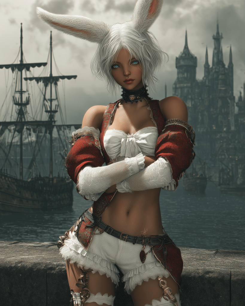A female character with white hair and rabbit ears stands confidently by a harbor, wearing a stylish red and white outfit. Background features ships and a distant castle under a cloudy sky.