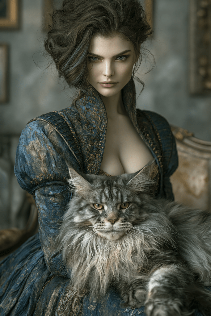 A woman in a vintage blue dress sits confidently with a Maine Coon cat in her lap, set in an elegant, softly lit room.