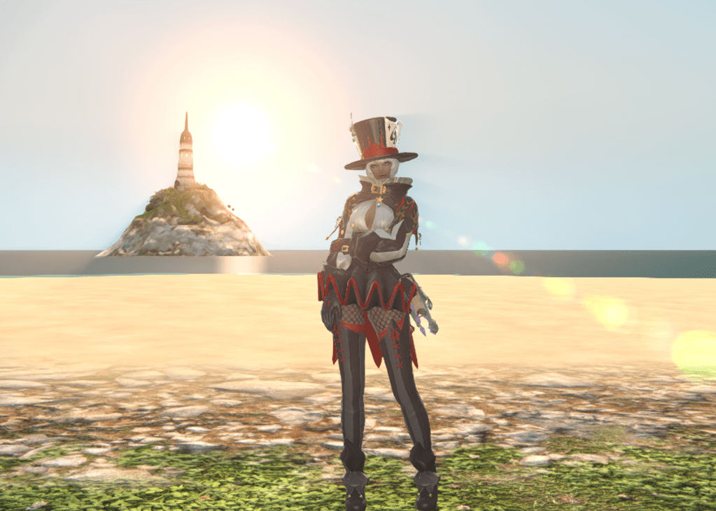 A character dressed in a stylish costume with a top hat stands on a beach, with a lighthouse in the background and the sun setting over the ocean.