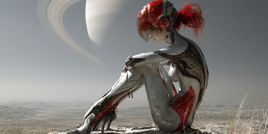 A futuristic humanoid figure with red hair and robotic features sits in a desolate landscape, gazing into the distance, with the planet Saturn visible in the background.