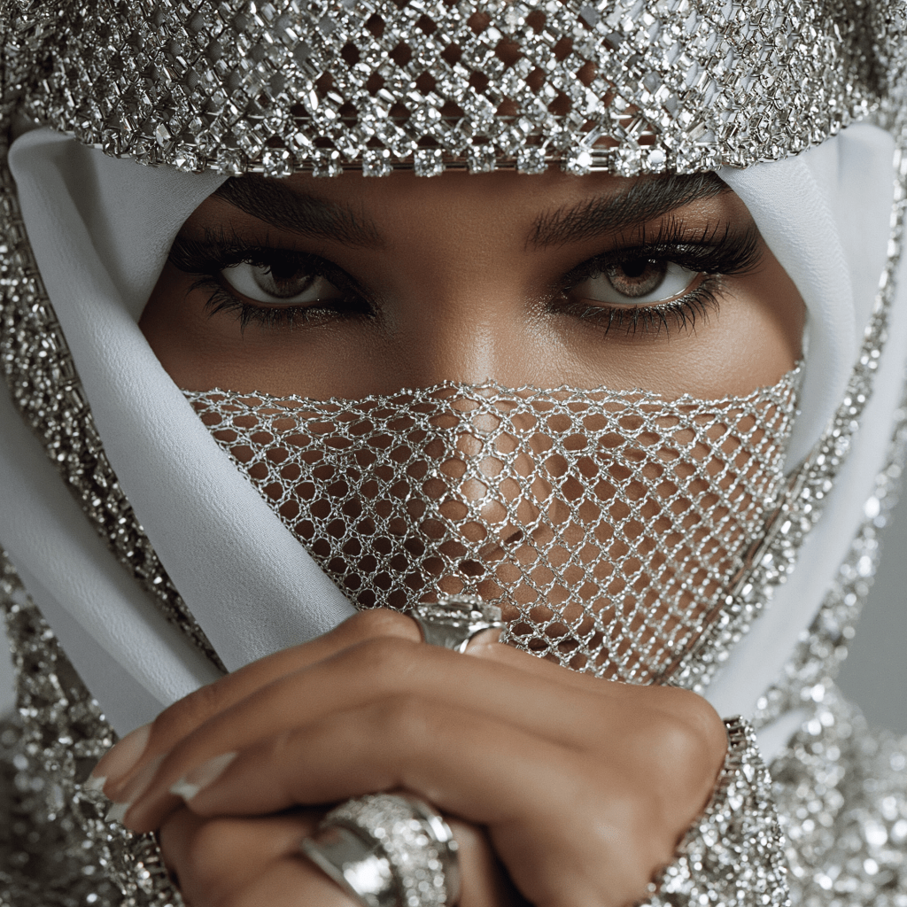 Close-up portrait of a woman wearing a sparkling silver headpiece and mesh veil, with intricate details and elegant jewelry.