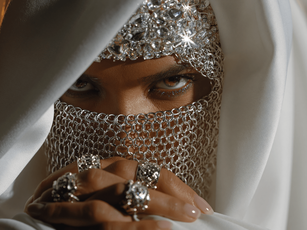 A close-up portrait of a person wearing a sparkling chainmail veil and a white shawl, with ornate rings on their fingers and a focused gaze.