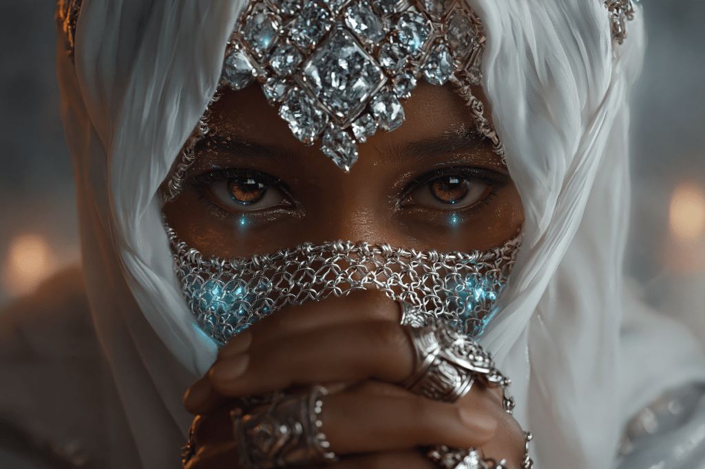 Close-up portrait of a person wearing an elaborate headpiece adorned with jewels and a face covering, revealing intense eyes and detailed silver jewelry on their hands.