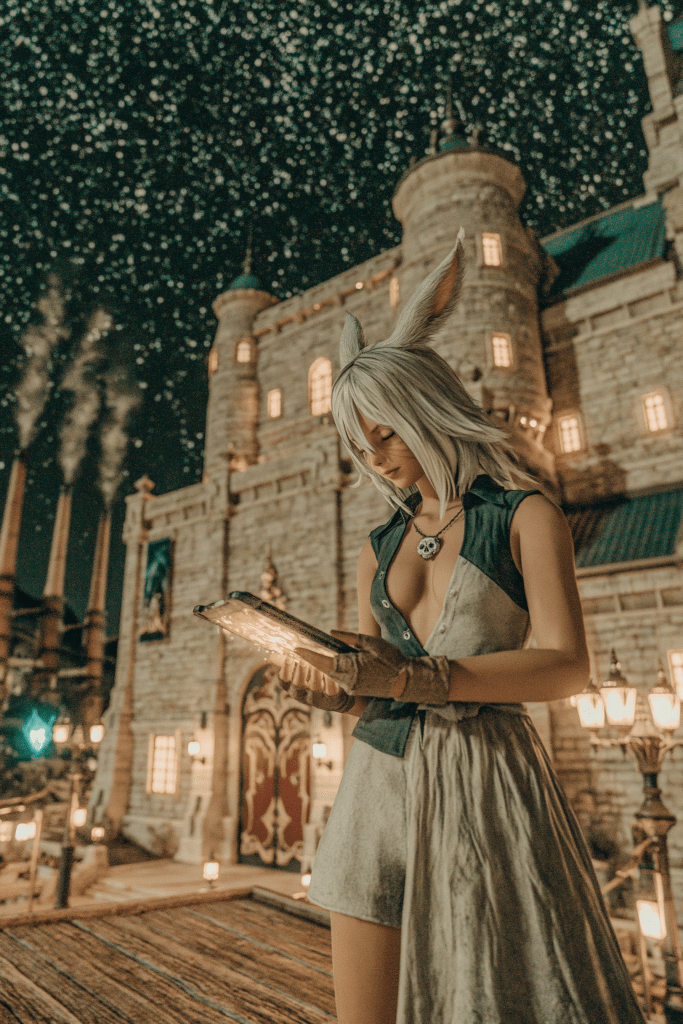 A character with long white hair, wearing a sleeveless outfit, stands in front of a large stone castle under a starry sky, holding a glowing book.