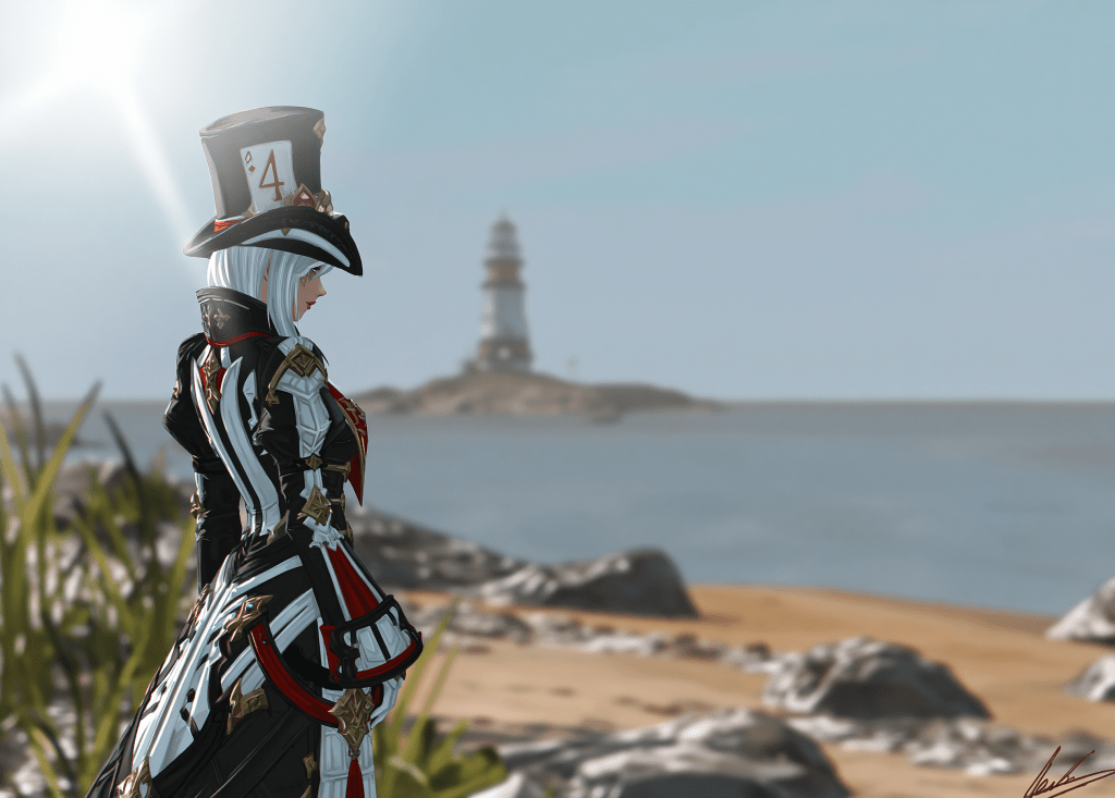 A character in a stylized outfit with a top hat stands on a beach, facing the ocean. In the background, a lighthouse is visible amid a serene coastal landscape.