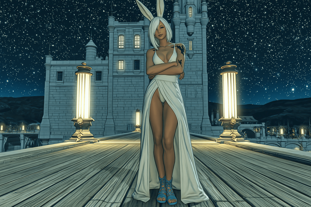 A character with bunny ears wearing a flowing white dress stands confidently on a wooden bridge at night, illuminated by glowing lamps, with a castle in the background under a starry sky.