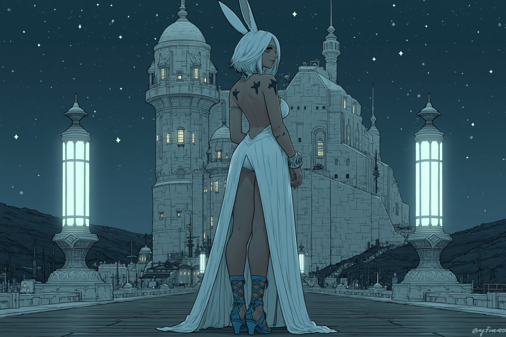 A woman with short white hair and rabbit ears stands in an elegant white dress, facing away from the viewer. She is in a moonlit environment with tall, illuminated structures in the background, resembling a castle or palace. The night sky is filled with stars, adding to the mystical atmosphere.