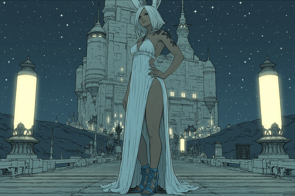 A tall figure in a flowing white dress stands on a pathway leading to a grand castle under a starry night sky, with glowing lanterns illuminating the scene.