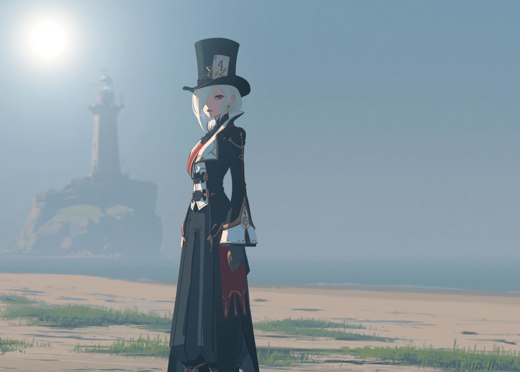 A character dressed in a stylish black outfit and a tall hat stands on a sandy beach with a lighthouse in the background and sunlight overhead.