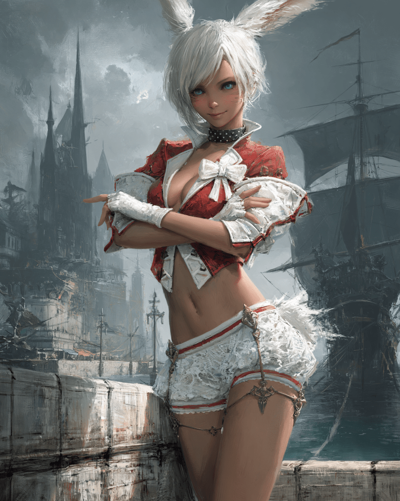 A character with white hair and bunny ears, dressed in a red and white outfit, posing confidently in front of a coastal scene featuring ships and a castle.