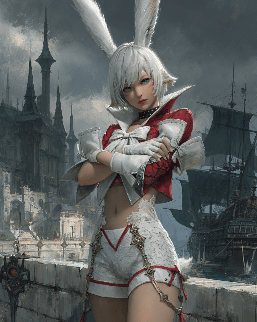 A fantasy character with white hair and bunny ears stands confidently in front of a gothic castle and a ship, wearing a stylish red and white outfit.