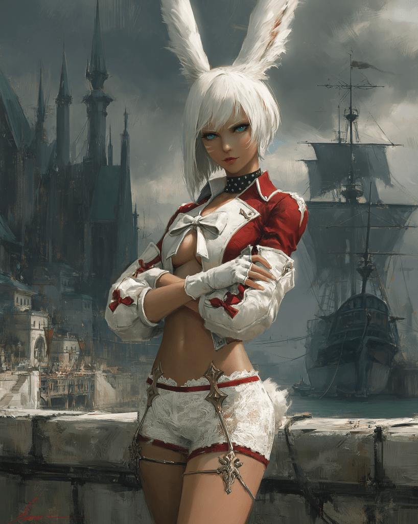 A female character with white hair and bunny ears stands confidently in front of a gothic castle and a ship, wearing a red and white outfit that highlights her figure.