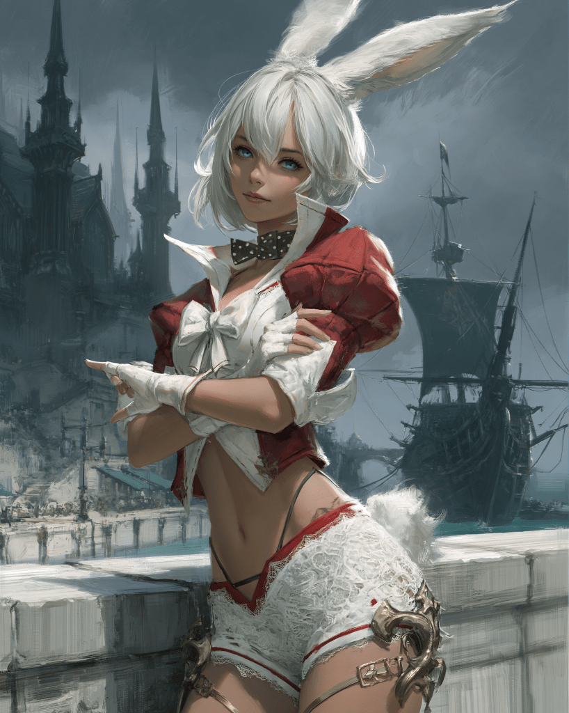 A fantasy character with bunny ears wearing a stylish, detailed outfit, featuring a red jacket and white shorts, standing against a backdrop of a gothic-style city and ship.