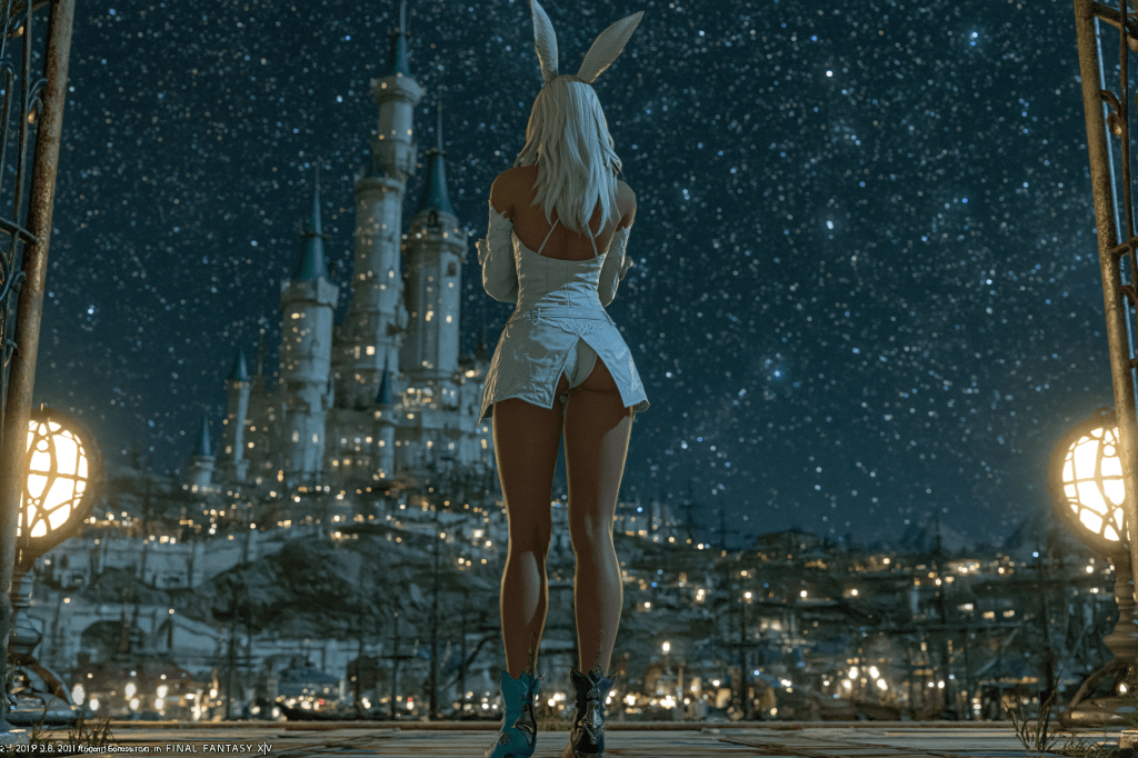 A character with long white hair wearing a white outfit stands facing a distant illuminated castle under a starry night sky.