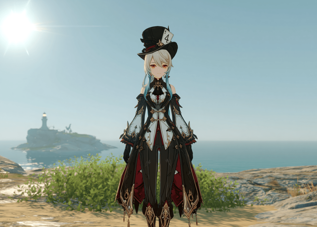 A character in a detailed fantasy costume stands on a coastal landscape with a lighthouse in the background, illuminated by bright sunlight.