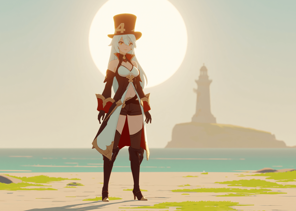 A fantasy character with long white hair and a top hat with the number 4 stands on a beach with a lighthouse in the background and a large sun behind her.