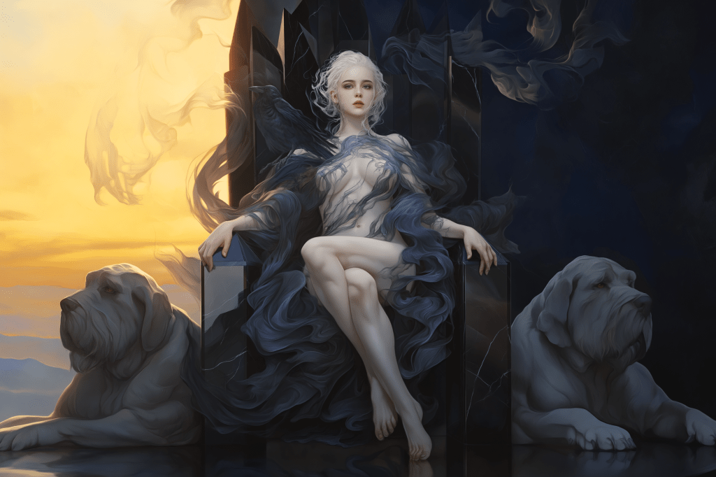 A surreal depiction of a woman with flowing hair, seated on a throne, flanked by two large dogs, set against a dramatic sunset background.