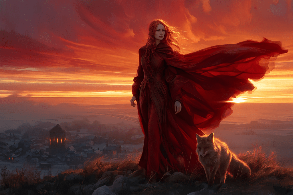 A woman in a flowing red cape stands atop a hill at sunset, with vibrant orange and purple skies behind her. A fox sits beside her, gazing towards a distant village illuminated by soft lights.