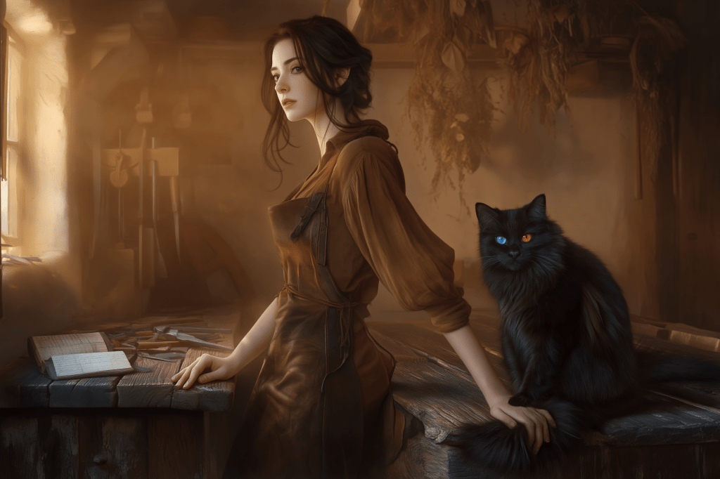 A young woman in a brown apron stands beside a wooden workbench in a softly lit workshop, with tools and a book scattered around. A black cat with striking orange and blue eyes sits calmly next to her.