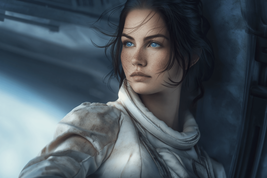 A close-up portrait of a woman with blue eyes and freckles, wearing a dirty white outfit, gazing thoughtfully into the distance against a softly blurred background.