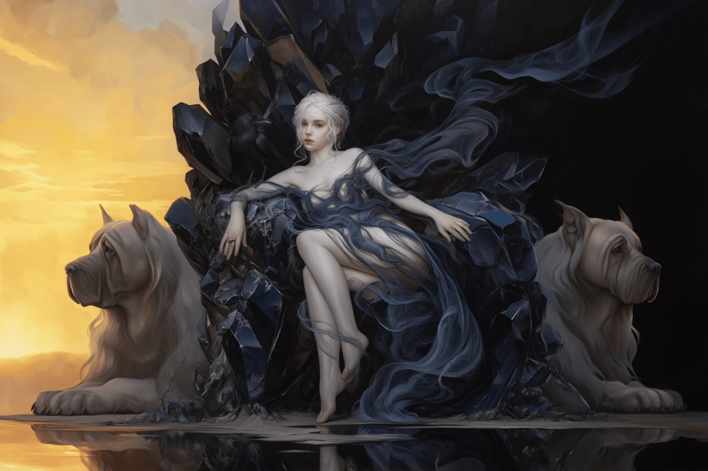 A mystical woman draped in flowing sheer fabric sits on a throne made of dark crystals, flanked by two large, powerful dogs, set against a dramatic sunset sky.