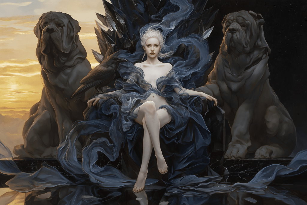 A serene figure seated on a dark throne, surrounded by two large guardian dogs and swirling blue fabric, with a dramatic sunset in the background.