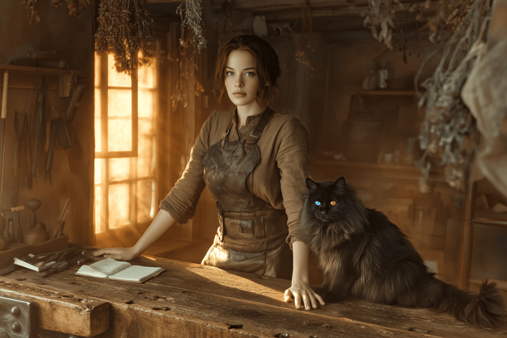 A woman in an apron standing at a wooden workbench in a warmly lit workshop, with a black cat sitting beside her. The environment includes tools and hanging herbs.