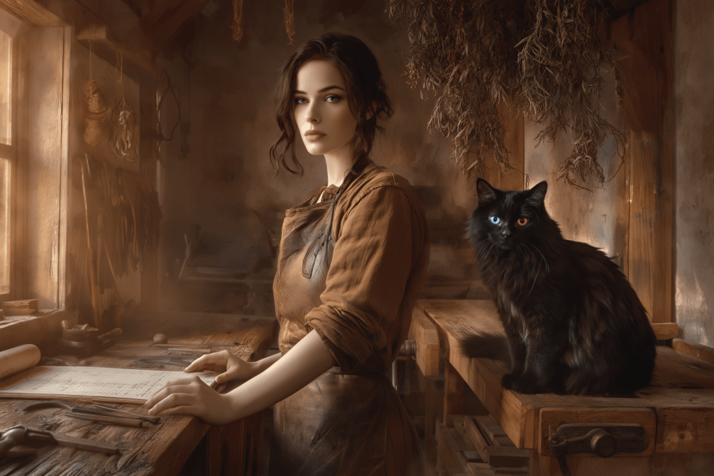 A young woman with long, dark hair stands at a wooden workbench in a rustic workshop, looking thoughtfully at the viewer. She wears a brown shirt and has her hands resting on a paper. A black cat with striking blue and yellow eyes sits nearby on the bench, surrounded by tools and dried herbs hanging in the warm, dimly lit space.
