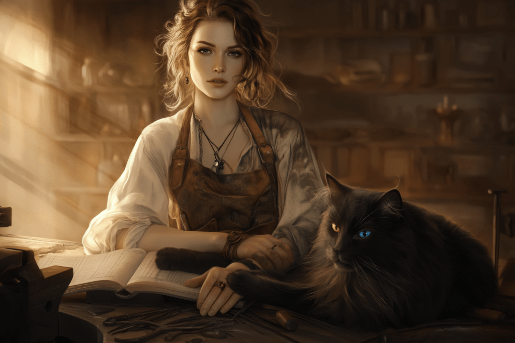 A woman with curly hair sits at a workbench, wearing an apron and surrounded by tools, with a black cat resting beside her. Soft light illuminates the scene.