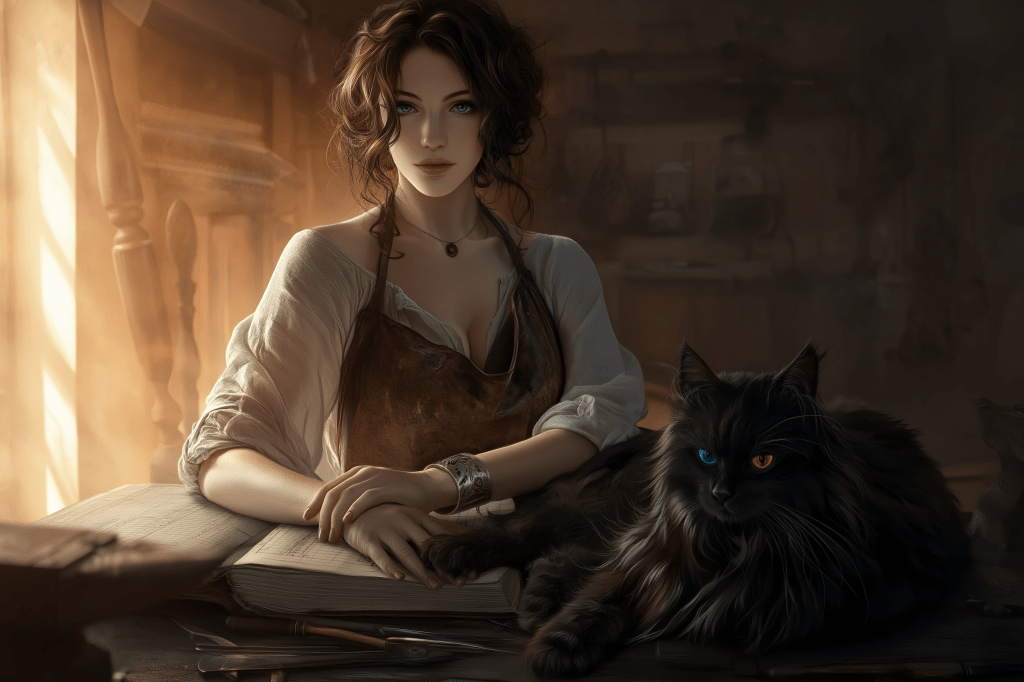 A woman with curly hair wearing an apron sits at a table with an open book, accompanied by a large black cat with striking blue and orange eyes.