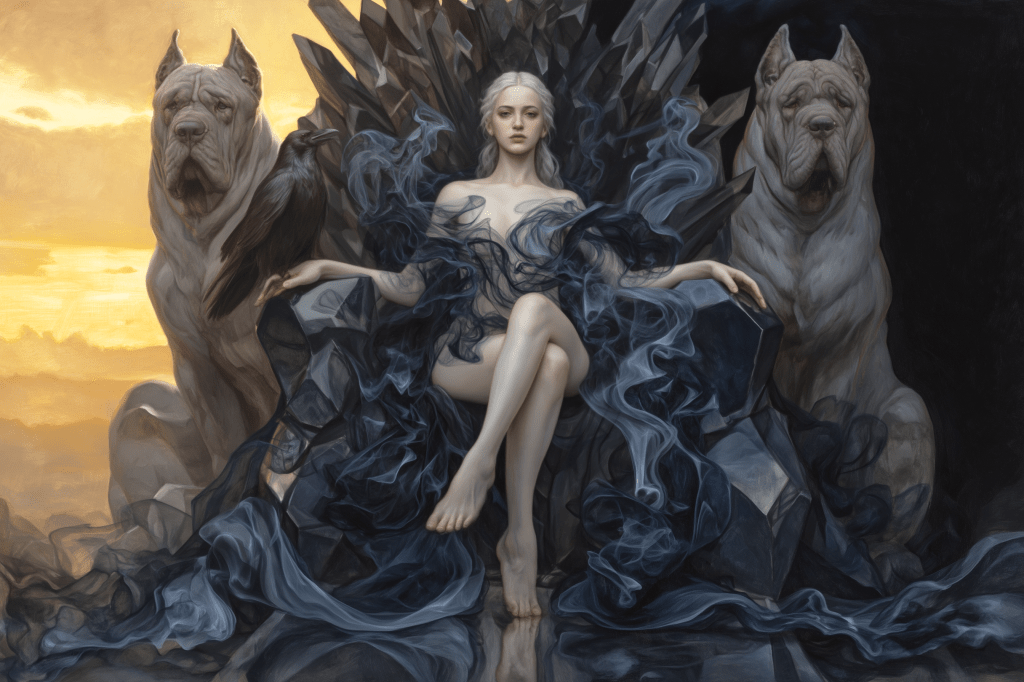 A mystical woman with long silver hair wearing a flowing dark gown sits on a throne made of crystal, flanked by two large dogs and a raven, against a dramatic sunset backdrop.