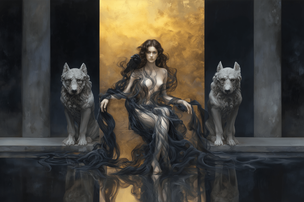 A mystical woman draped in flowing black fabric sits on a throne, flanked by two stylized wolf statues, against a backdrop of golden light.