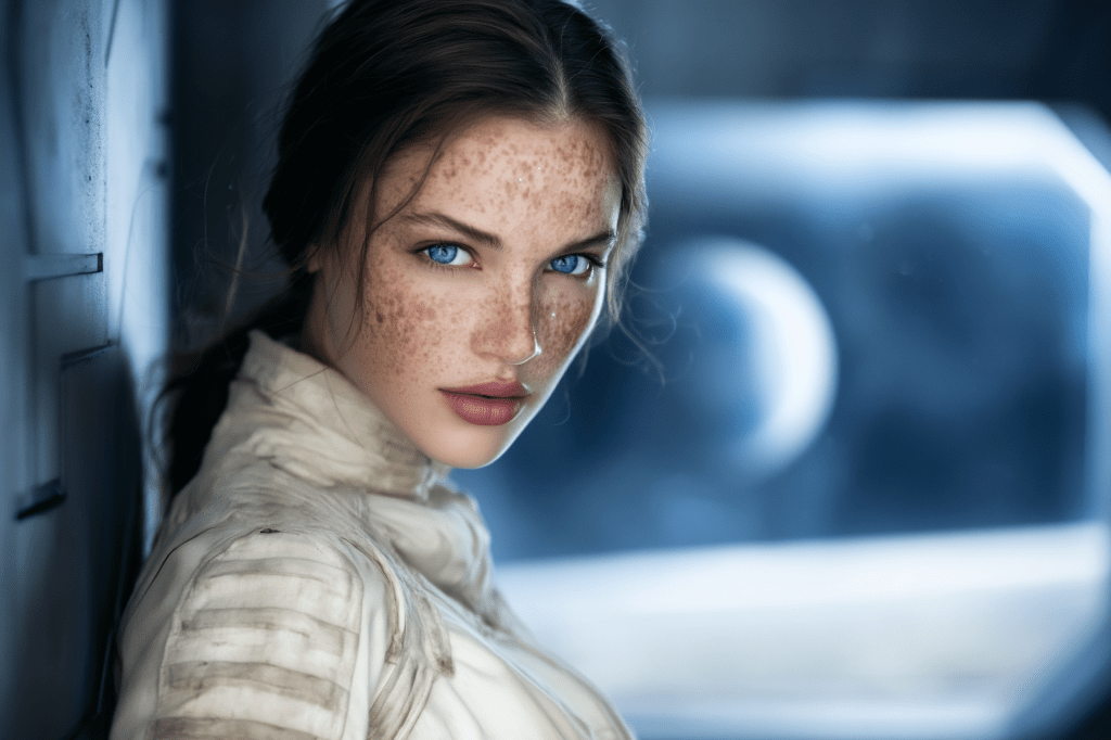 A close-up portrait of a young woman with freckles and striking blue eyes, wearing a light-colored, textured outfit, set against a backdrop featuring a blurred celestial body.