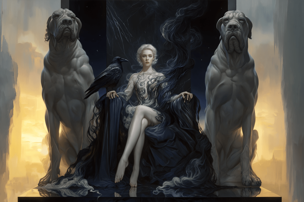 A majestic figure sitting on a throne, draped in dark flowing fabric, flanked by two large, white dogs and a raven perched on her arm. The background features a blend of dark and golden hues, adding to the ethereal atmosphere.