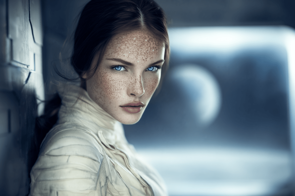 Close-up portrait of a woman with freckles and striking blue eyes, wearing a light-colored outfit, set against a blurred background that suggests a futuristic environment.