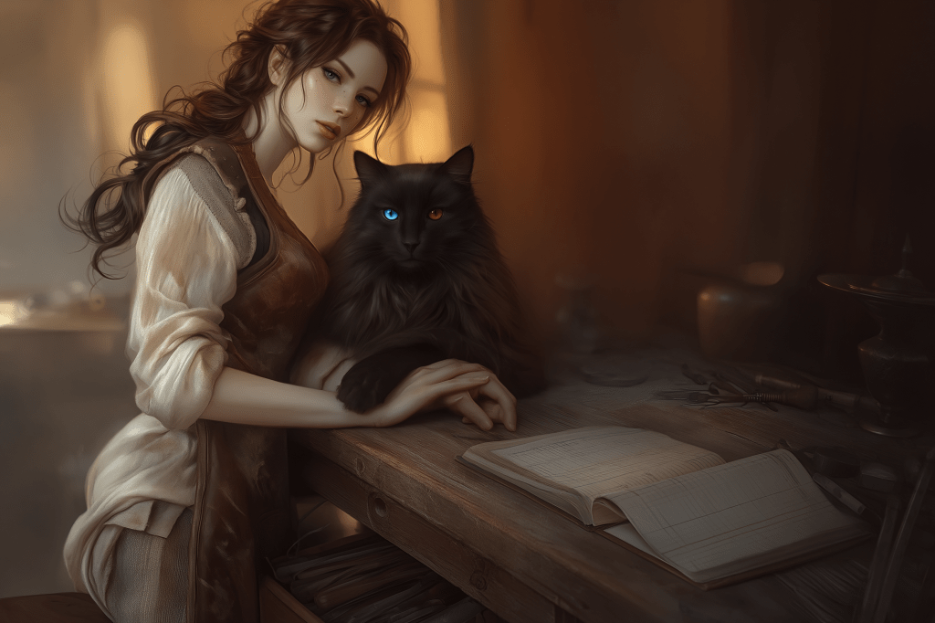 A young woman with long wavy hair sits at a wooden table with a black cat beside her. The cat has one blue eye and one orange eye. The room is dimly lit, creating a cozy atmosphere, with various tools and an open notebook on the table.