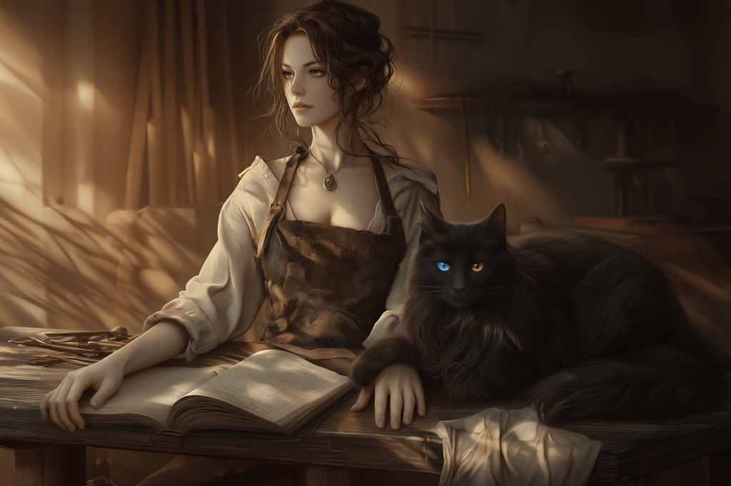 A woman with long, wavy hair sits at a wooden table, looking contemplative. She wears a simple, rustic outfit and has a pendant around her neck. A large black cat with striking blue and yellow eyes lounges beside her, while an open book lays on the table.