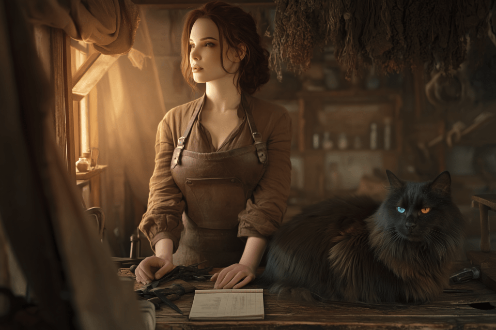 A woman with brown hair stands at a wooden table in a warmly lit room, wearing an apron and looking out of a window. Beside her is a large black cat with striking heterochromia, sitting calmly on the table.