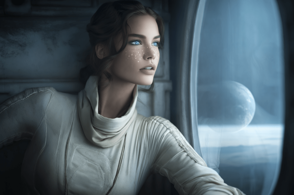 A woman with blue eyes and freckles gazes thoughtfully out of a spaceship window, observing a distant moon in space.