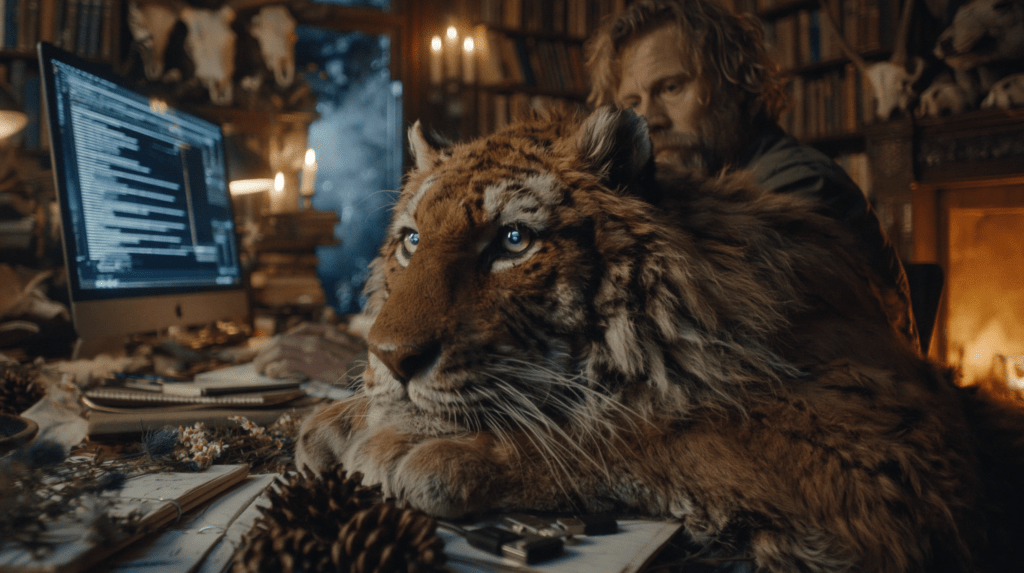 A close-up of a tiger resting on a cluttered desk with a computer displaying code in the background, while a man is focused on his work.