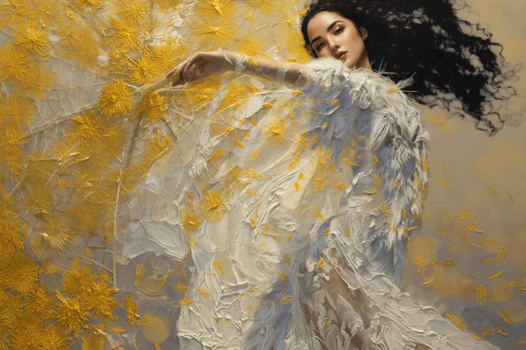 A woman in a flowing white dress with feather-like textures stands elegantly amidst a backdrop of yellow flowers, with her arm gracefully extended and her hair flowing.