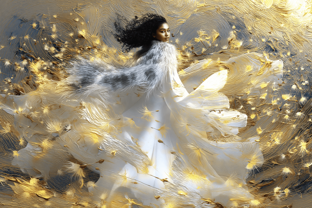 A woman in a flowing white gown adorned with fur is surrounded by swirling golden leaves and feathers, creating a dreamlike atmosphere.