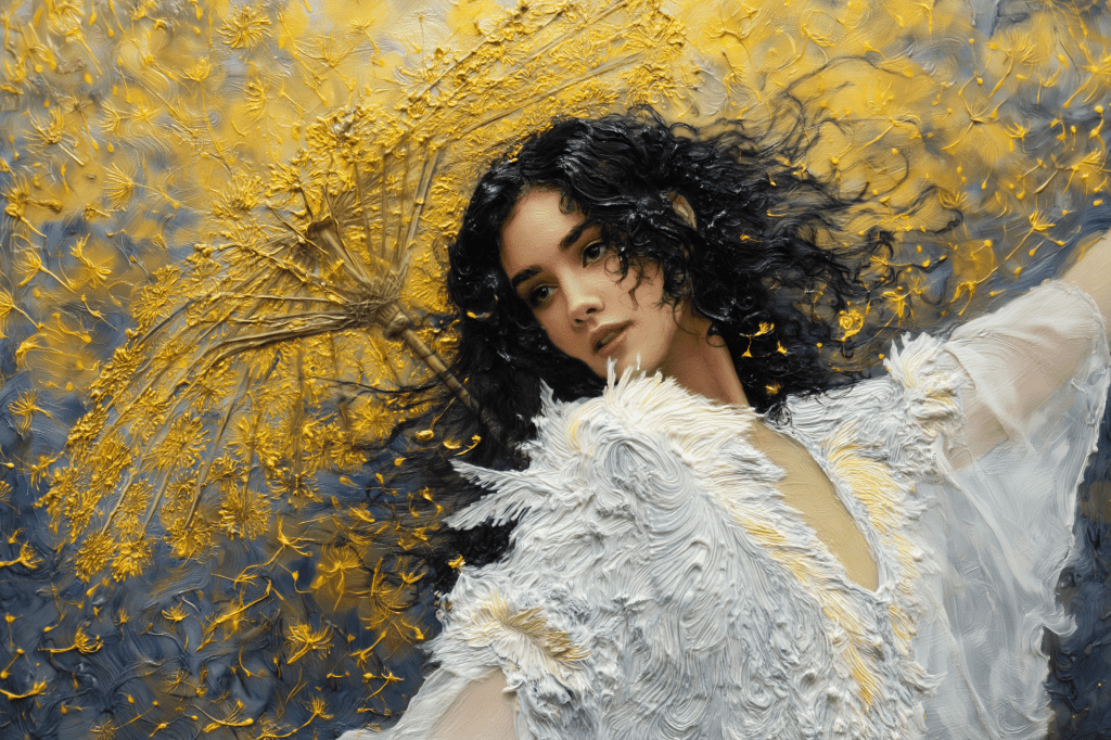 A portrait of a woman with curly dark hair, wearing a textured white outfit, holding an ornate golden umbrella against a vibrant background of swirling yellow and blue hues.